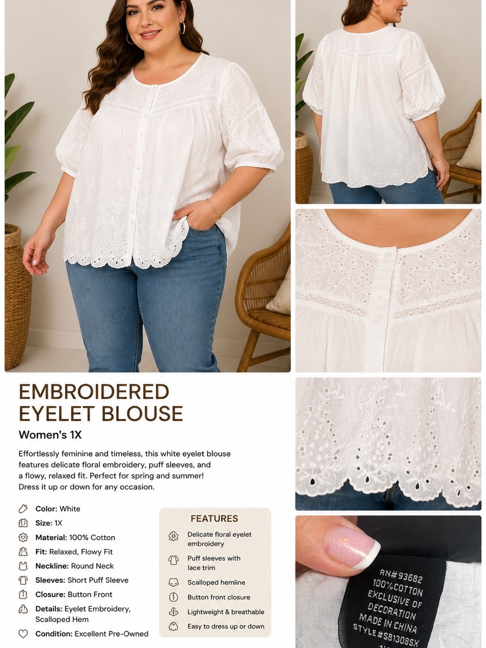White Embroidered Eyelet Blouse - Women's 1X